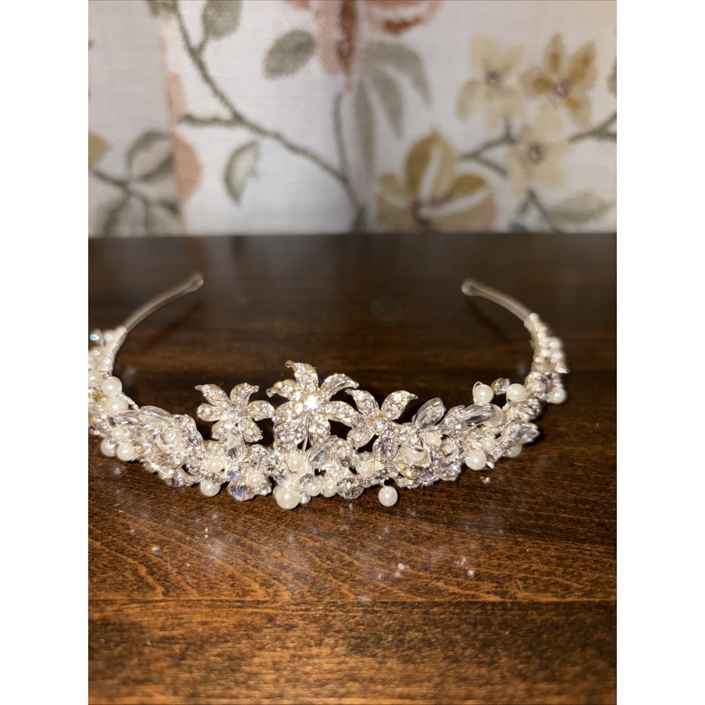 David's Bridal Crystal Pearl Bead Silver Wedding Tiara